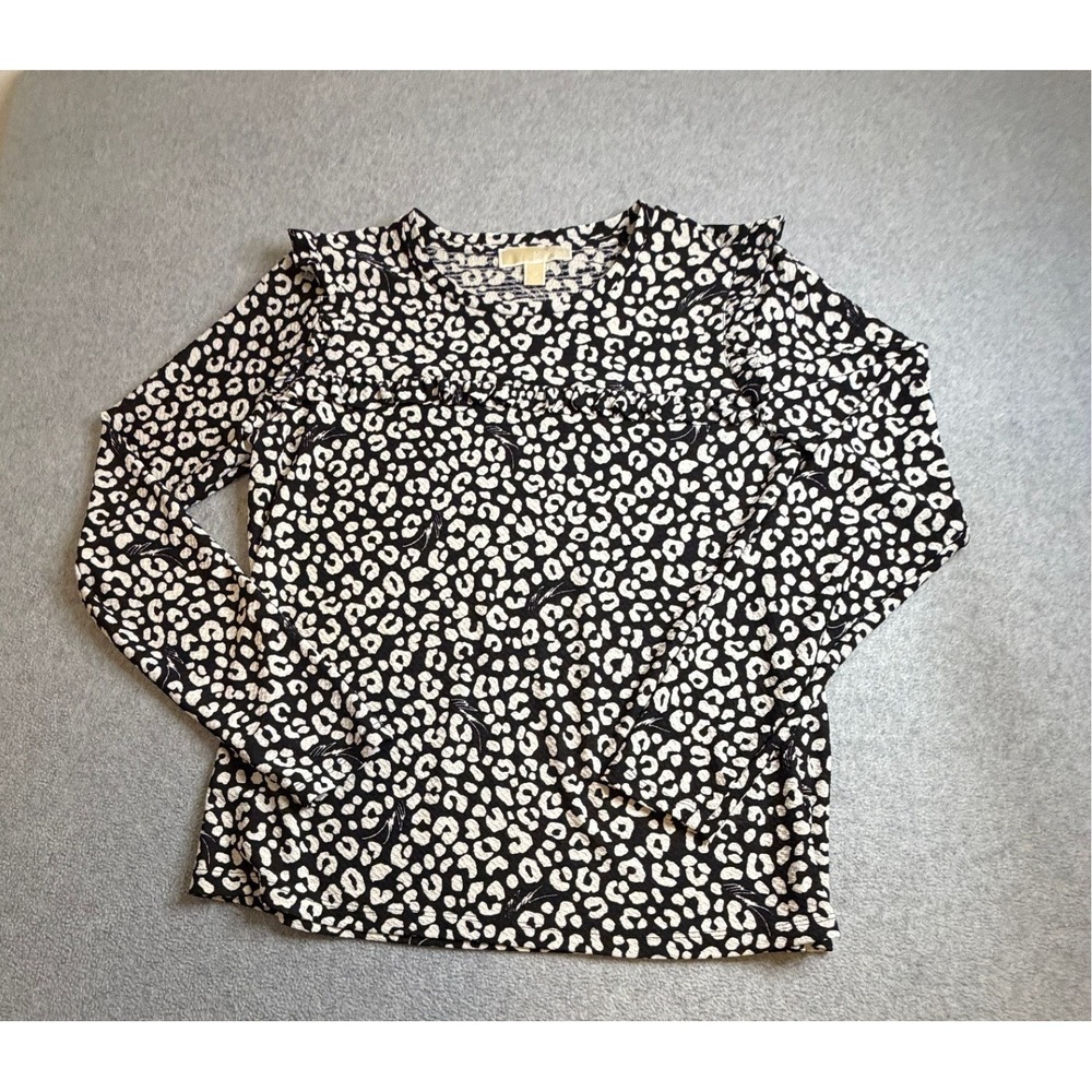 Michael Kors Womens Leopard Print Ruffle Long Sleeve Blouse Black White M